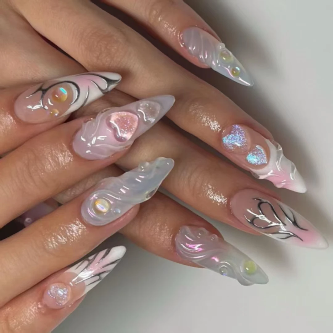

24Pcs Almond Press on Fake Nails Long French False Nails with Pink Peaches Heart Wearable and detachable Oval Manicure Full Co
