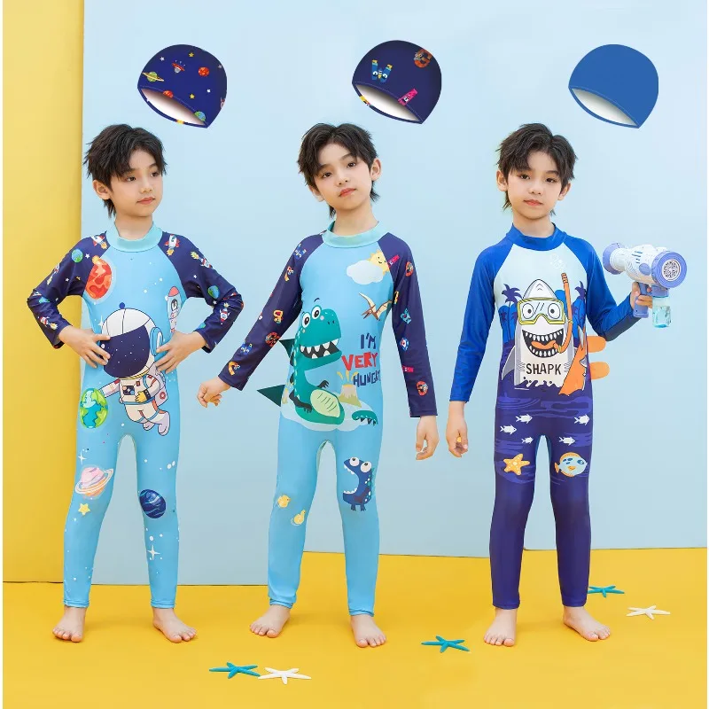 

Милый детский купальник с длинными рукавами для мальчиков, пляжный купальный костюм с защитой от солнца, мультяшный купальник с шапочкой для плавания, детский костюм для серфинга