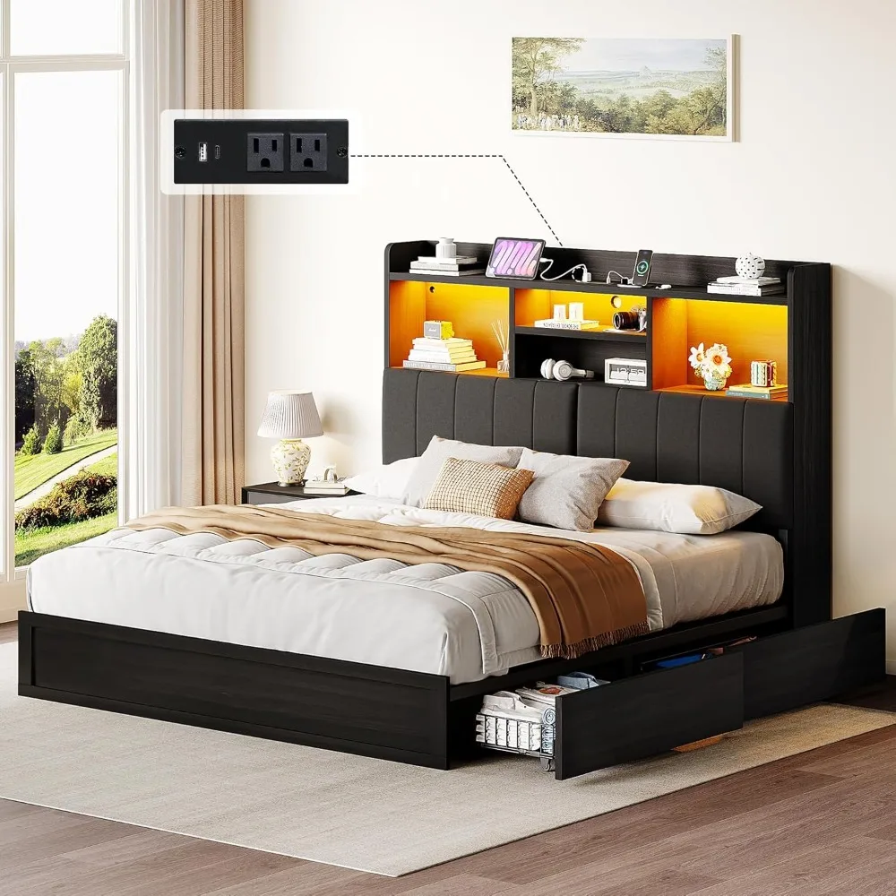 Queen Bed Frame with Bookcase Headboard & 4 Storage Drawers,  Charging Station，No Box Spring Needed，Noise-Free，LED Bed Frame