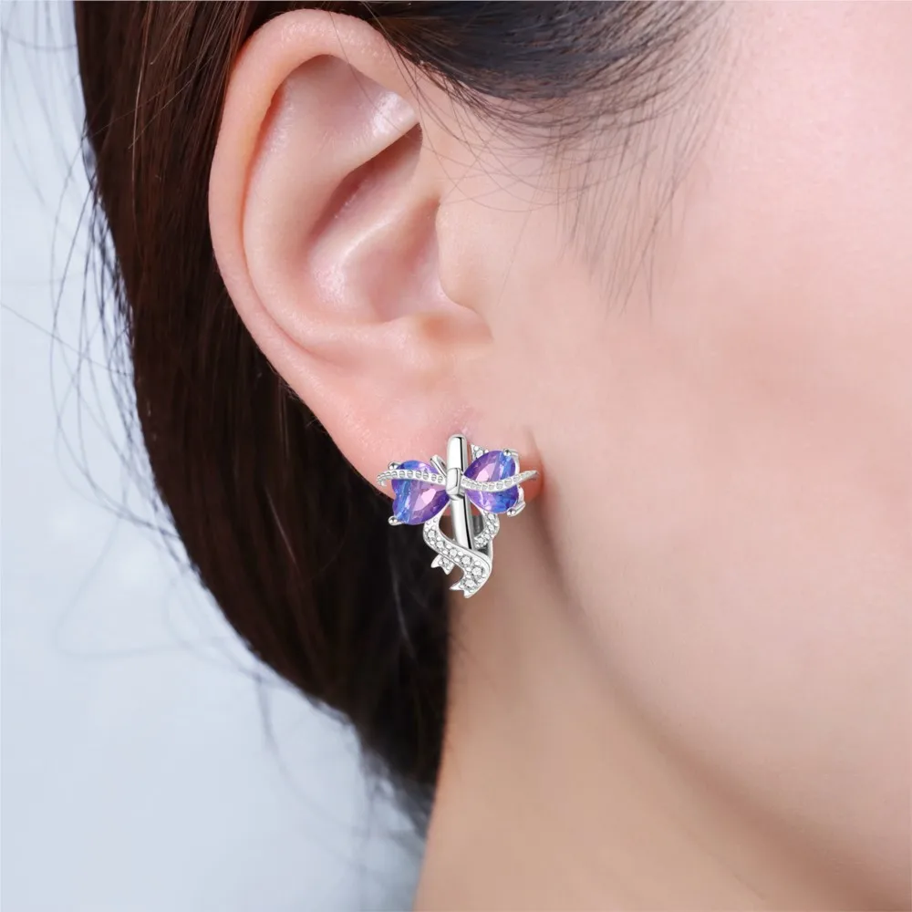 Panpoki s925 prata esterlina roxo em forma de coração arco brincos de argola versáteis para mulheres jóias presentes de festa originais