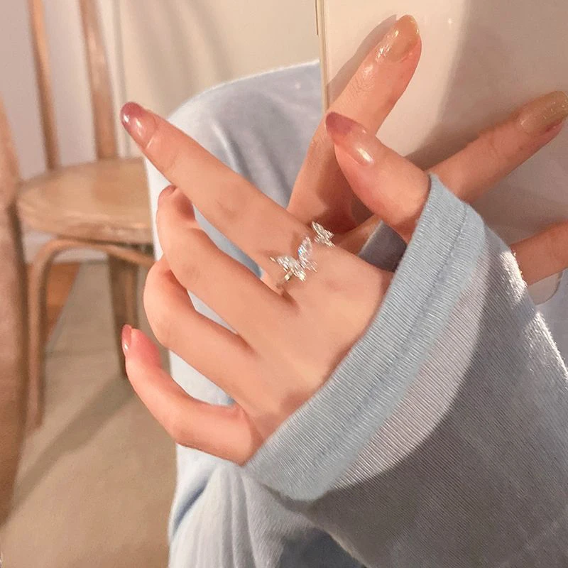 Korean Luxury Sparkling Alloy Butterfly Rings Fashion Adjustable Open Jewelry