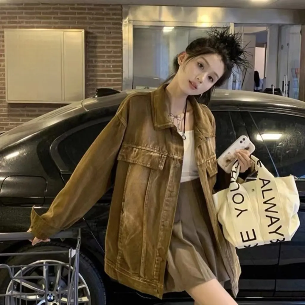 Abrigo vaquero marrón para mujer estilo Vintage americano Vibe primavera Otoño Invierno ropa de trabajo combinable chaqueta Cool Sa Top de moda