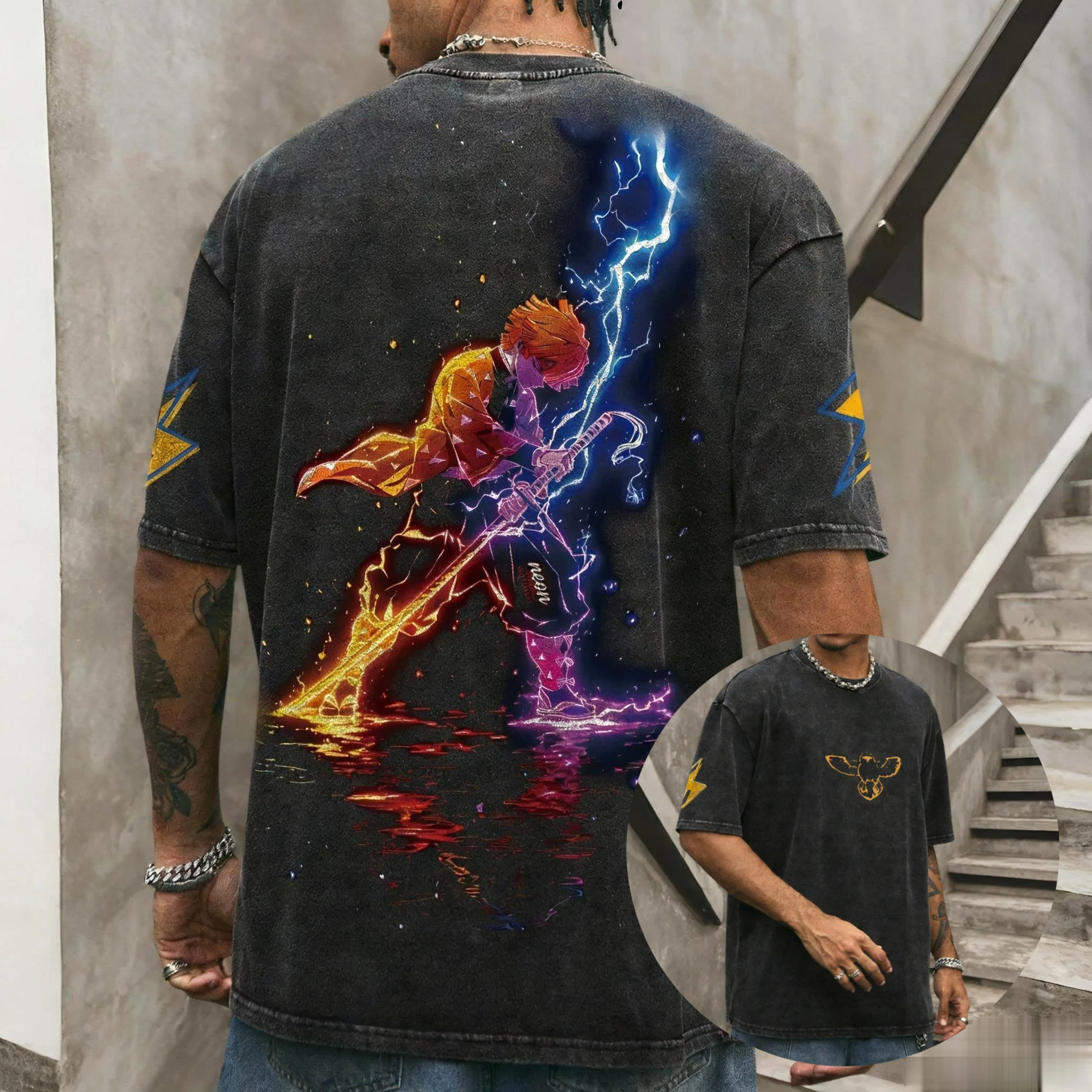 Streetwear Vintage Gewaschen Baumwolle T Shirt Männer Dämon Slayer Harajuku Anime Print WomenShort Sleeve T-stück Casual Top 2025, Sommer Neue
