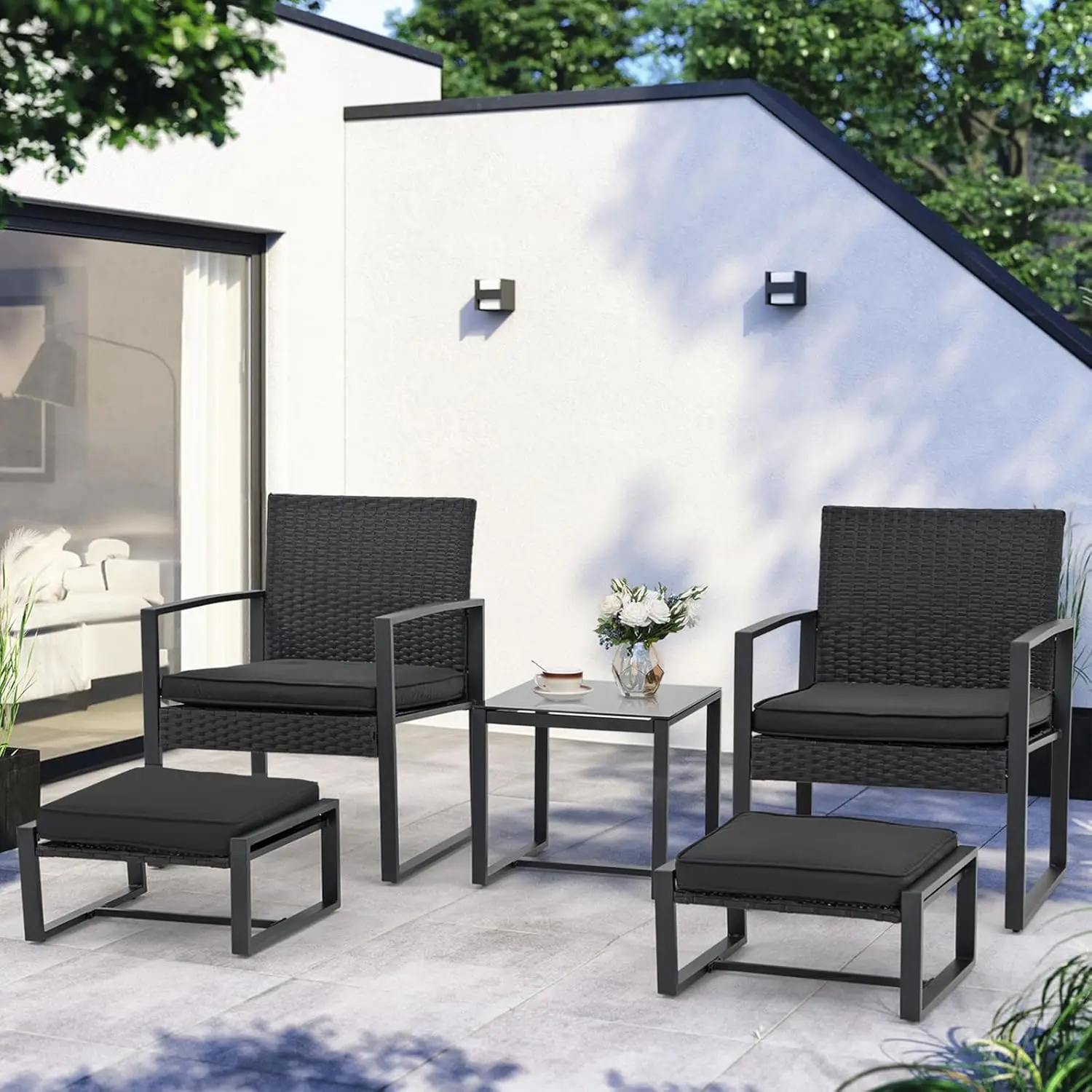 5 Stuks Patio Bistro Set, Pe Rieten Terras Meubelen Set, Moderne Rotan Patio Stoelen Met Tafel Ottomanen