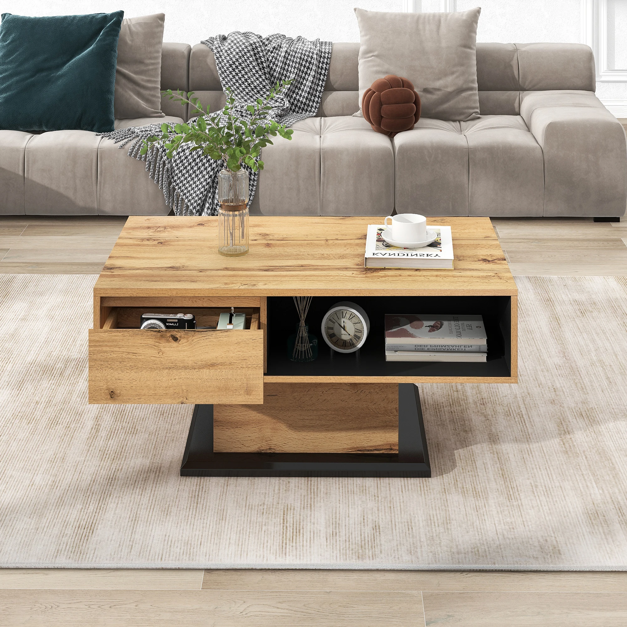 Wood grain coffee table with handle-free drawer, storage compartment and rear seat, double-sided storage space, office, living r