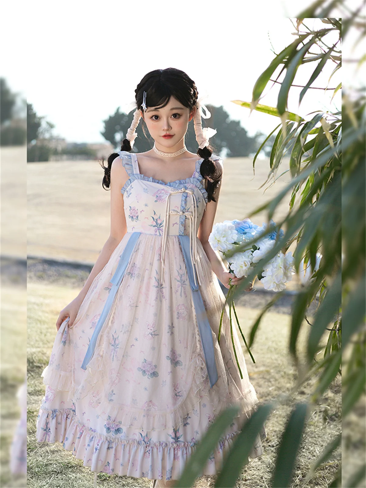 Robe de cosplay de style idyllique chinois Lolita pour filles douces, dentelle Loli mignonne, impression à volants, tulipes de lapin douces, ruban en maille, Jsk