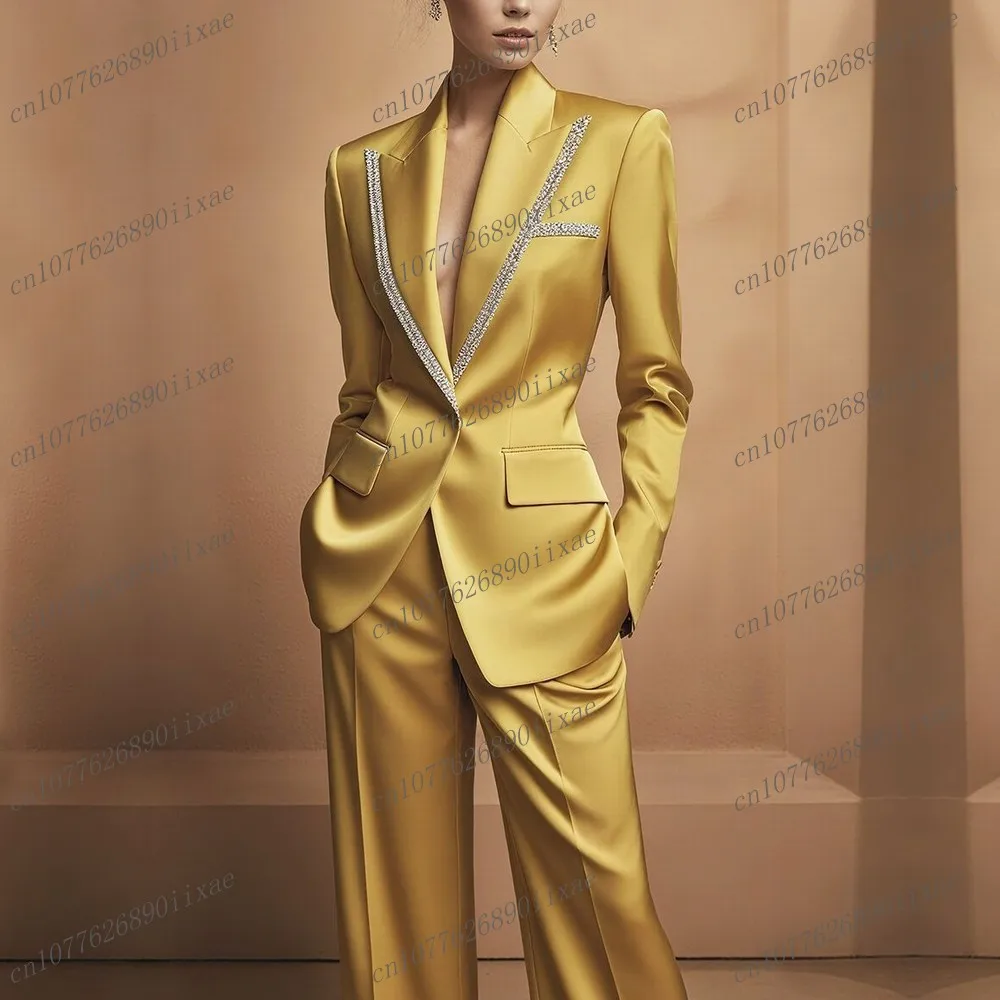 

Женский костюм из золотистого ацетатного сатина: деловой, для торжеств, выпускного, свадьбы, для мамы, 2 предмета (пиджак и брюки)