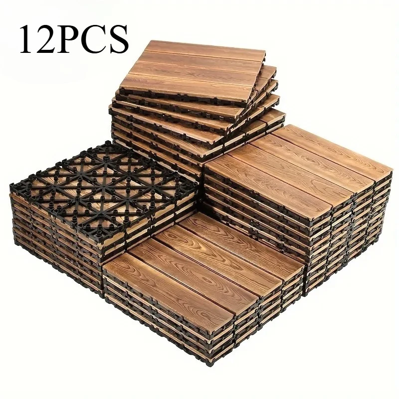 

12 шт. доска для террасы из цельного дерева — блокирующая защелка на деревянном напольном основании — подходит для наружных дворов, балконов и садов
