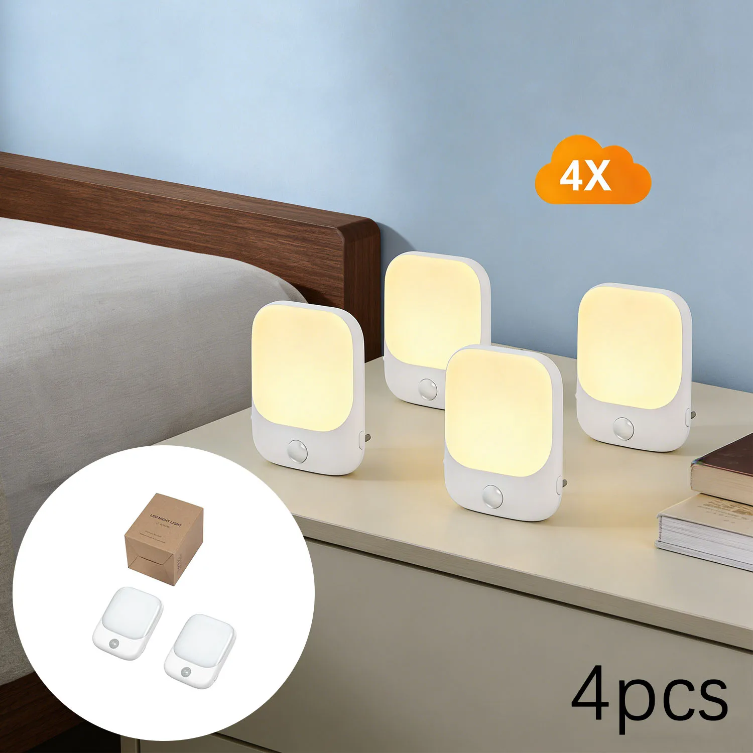 4個の自動スマートライトセンサーledナイトライト、euソケット付き、モーションセンサー、ナイトライト用3段階明るさ調整機能付き