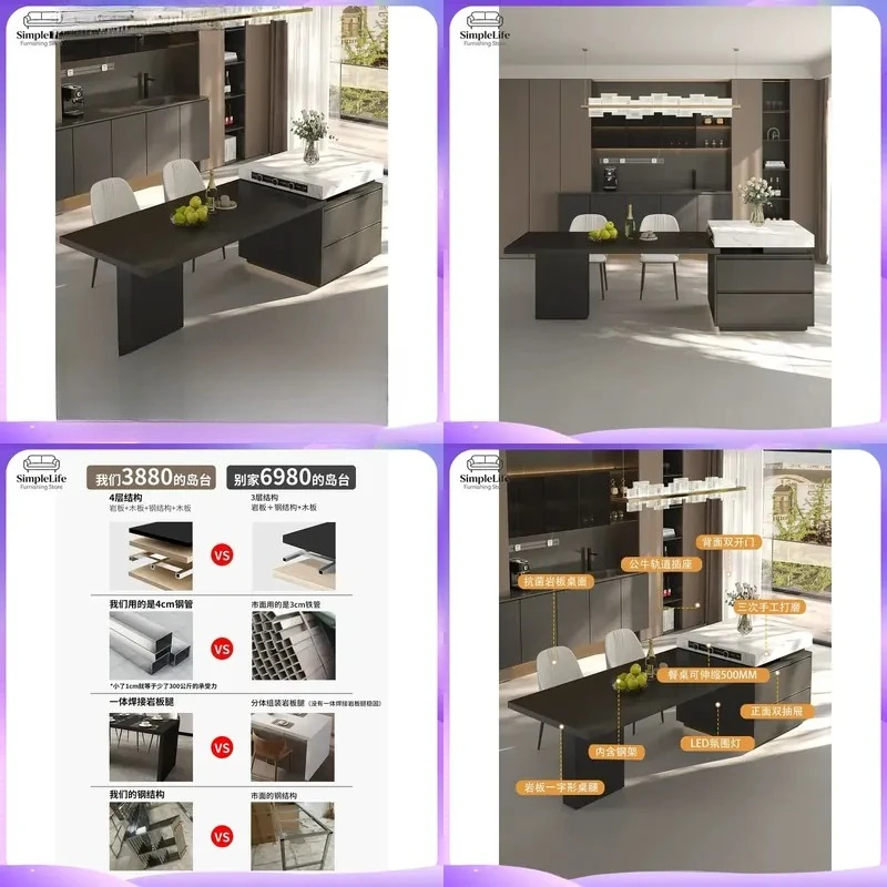 Modern Marble Kitchen Island Dining Table Set Extendable Rock Slab Center Piece with Storage Cabinet Minimalist Luxury Home