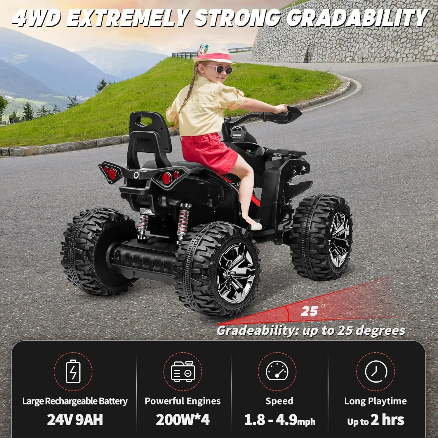 24V Kids ATV 4 Wheeler, 4x4 Ride On Toys Car w/Remote Control, 9AH Battery Powered Car w/ 800W Motors, Bluetooth, MP3, USB