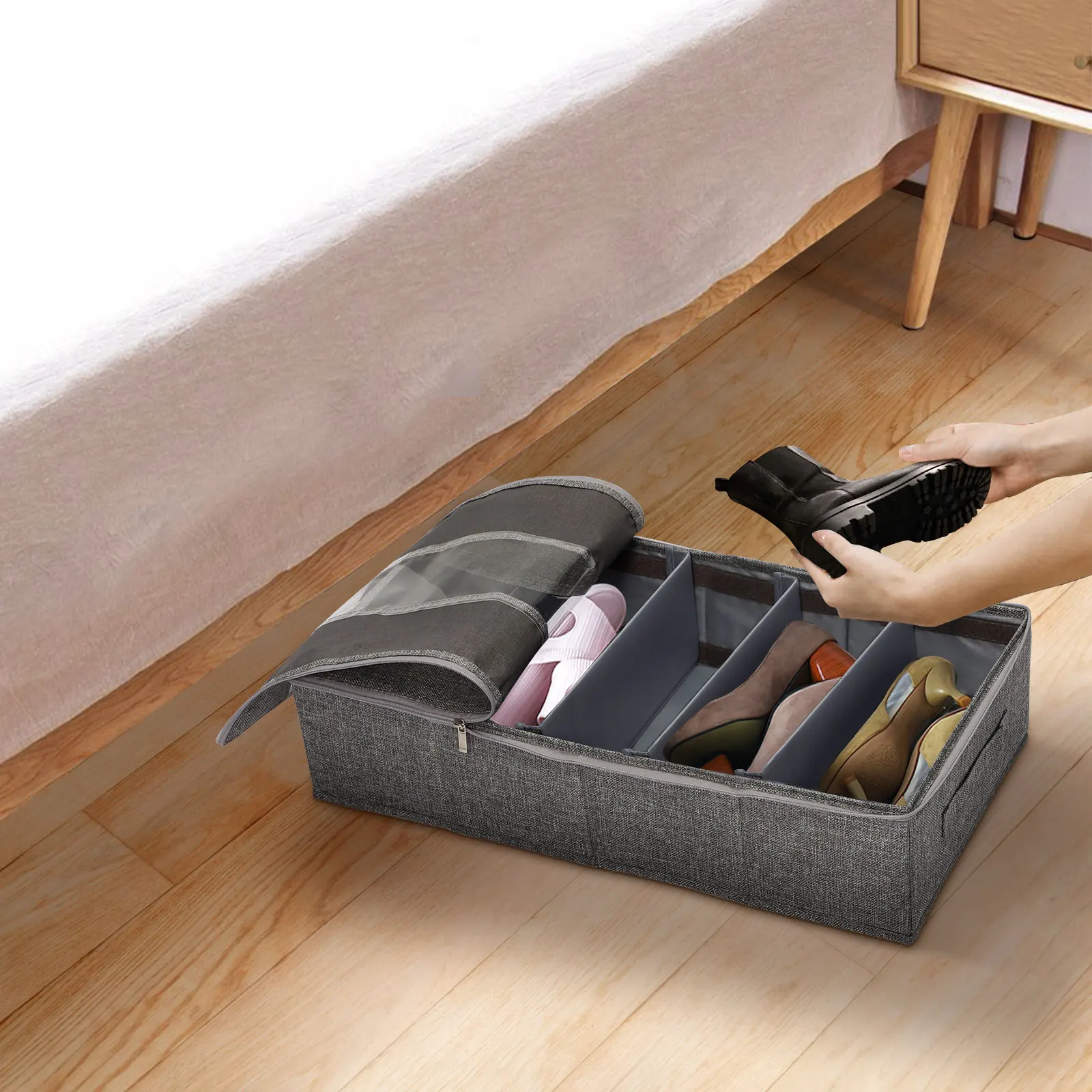 

Storage Bag Washable Cotton And Linen Six-grid Shoe Box Foldable Transparent Thoughtful Handle PP Grey Shoes Organizer