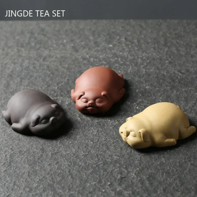 1PCS Lucky Cute Pig Statue Purple Clay Tea Pet Ornaments Desktop Handmade Crafts Chinese Boutique Tea Decoration Accessories