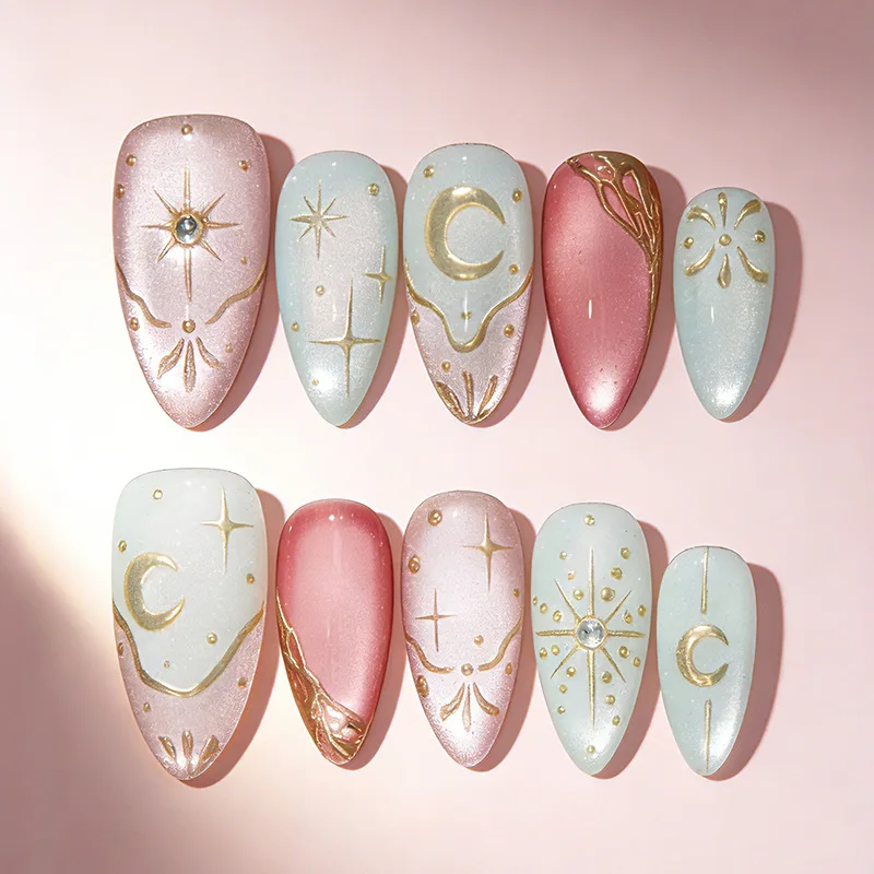 

24PCS Pink Purple Cat Eye Almond Press on Nails Full Cover Golden Moon Star Patterns French Fake Nails for Women Sweet Cool Nail