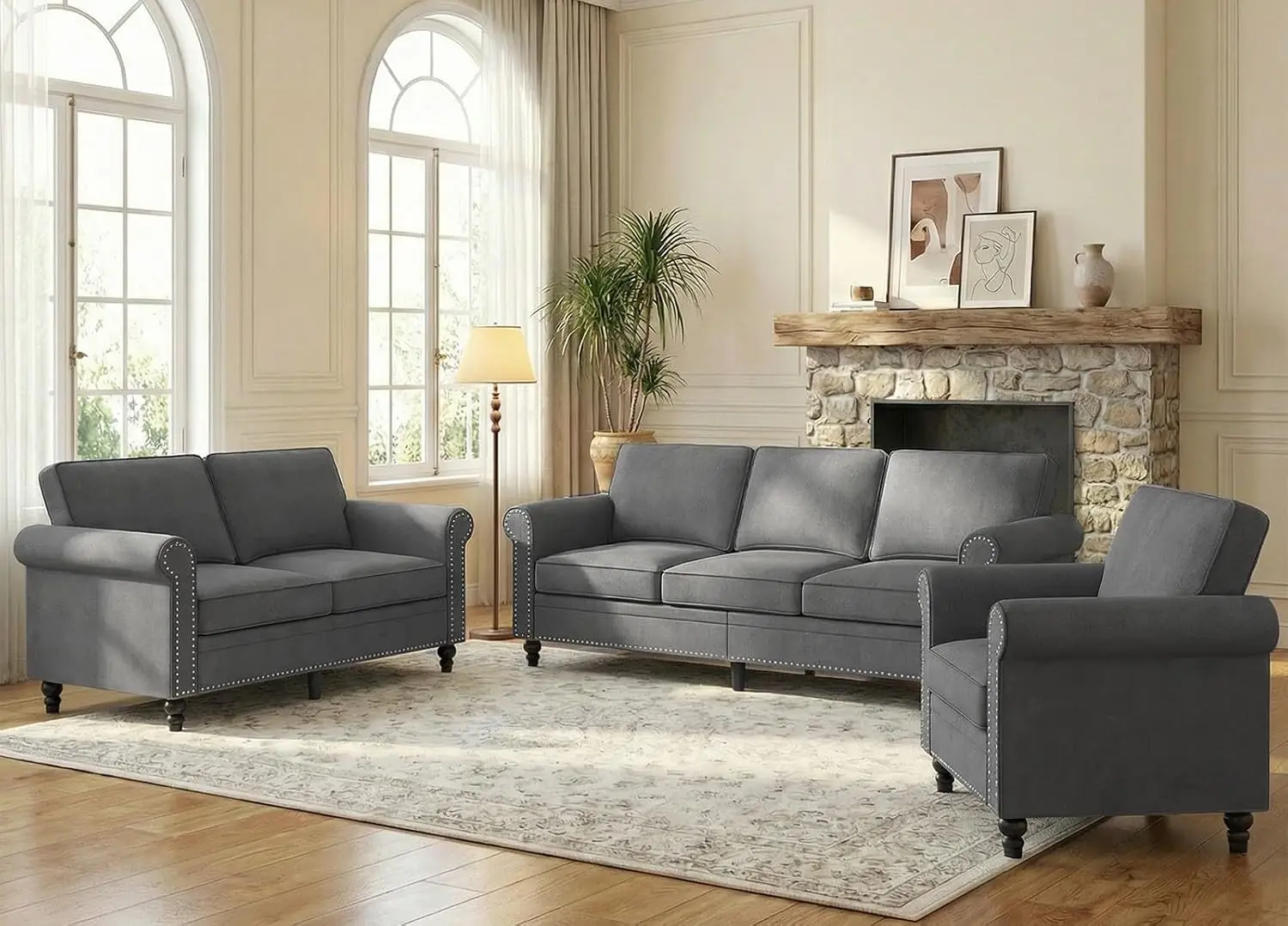 3 Piece Sectional Sofa Set With Nailhead Trim For Living Room, Customized