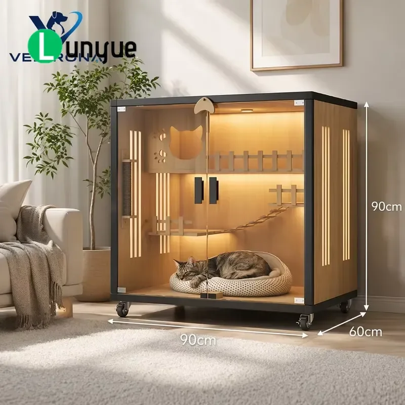 Luxury Solid Wood Cat Villa Multi-Storey Indoor Pet Cage with LED Lighting Metal Frame Modern Furniture for Cats