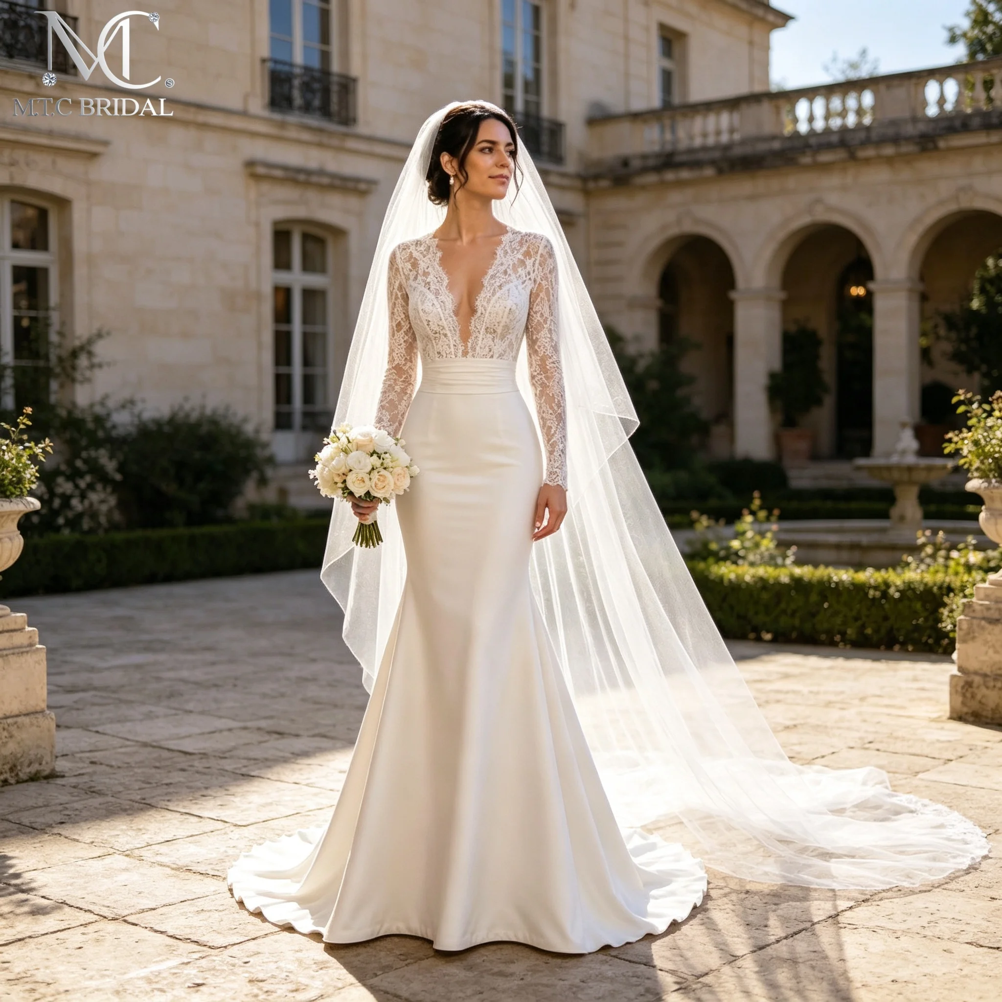Satin Mermaid Wedding Dress V Neck Long Sleeve Lace Appliques Deep V Back Long Elegant Bridal Gowns Vestido De Noiva Customized