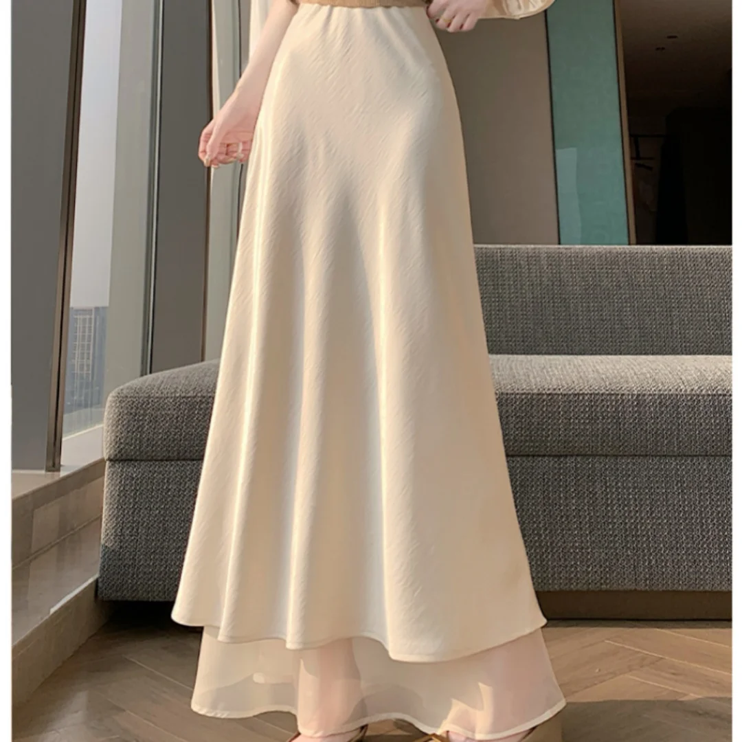 

Летние женские юбки-русалки с высокой талией из атласа с пэчворком, 2026 Новинка, элегантные однотонные корейские длинные юбки-«рыбий хвост» для женщин