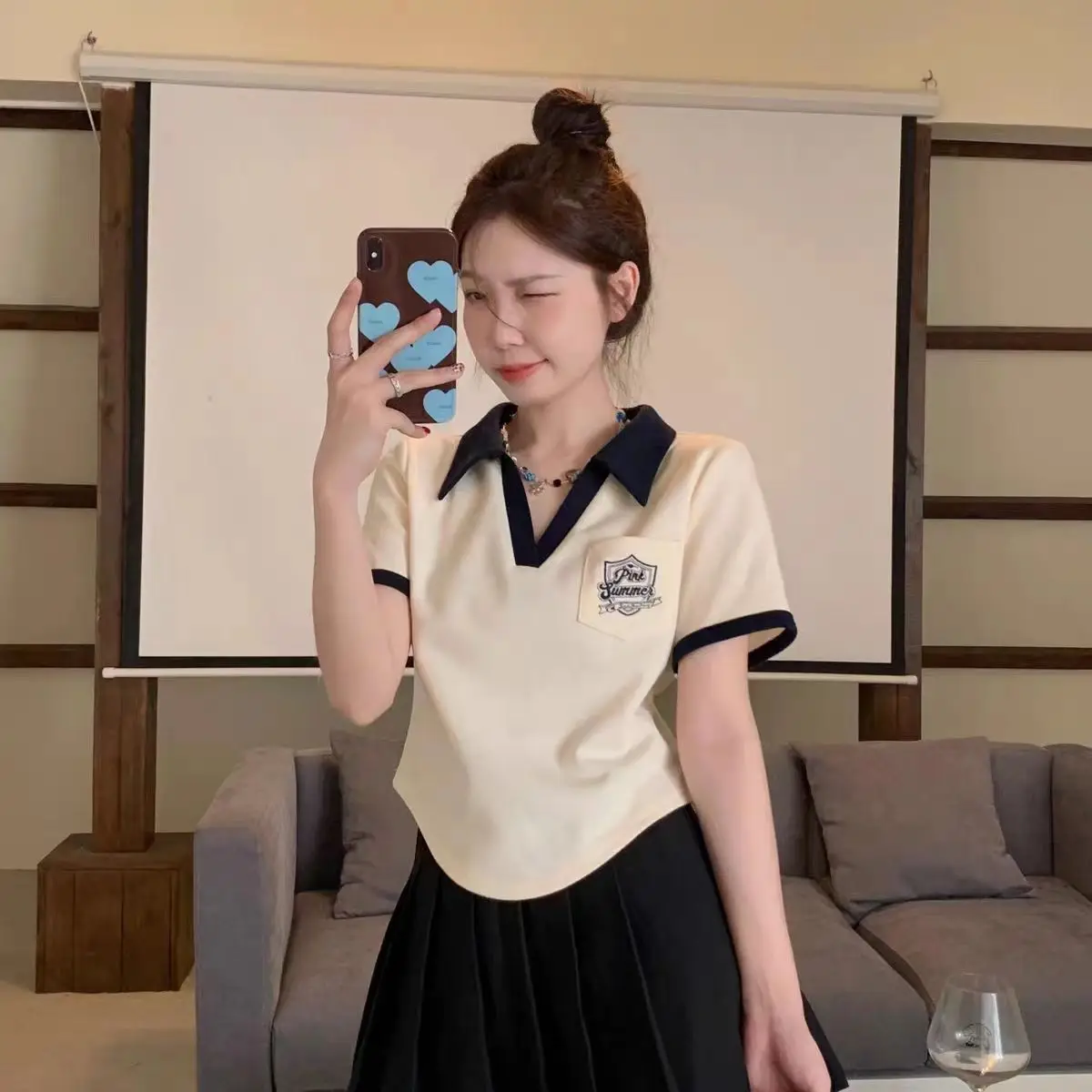 

Summer Outfit Women's Polo Shirts Short Sleeve Sexy Crop Top T-shirts Contrast Color Embroidery Youth Cheap Tops New Female Tee