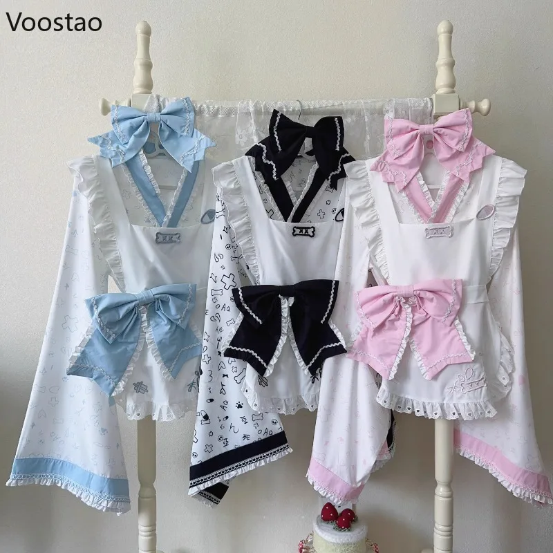 Japanese Kawaii Lolita Mini Dress Women Sweet Cute Embroidery Bow Kimono Cosplay Maid Dresses Harajuku Y2k Apron Lolita Sets