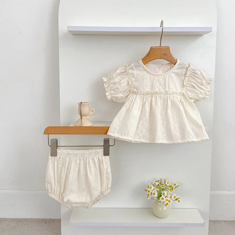 456  1-3Y Baby Outfit Set Summer Bubble Sleeve Plaid Top + Shorts Casual Daily Wear Cotton Infant Clothes Cute Outfit for Girls