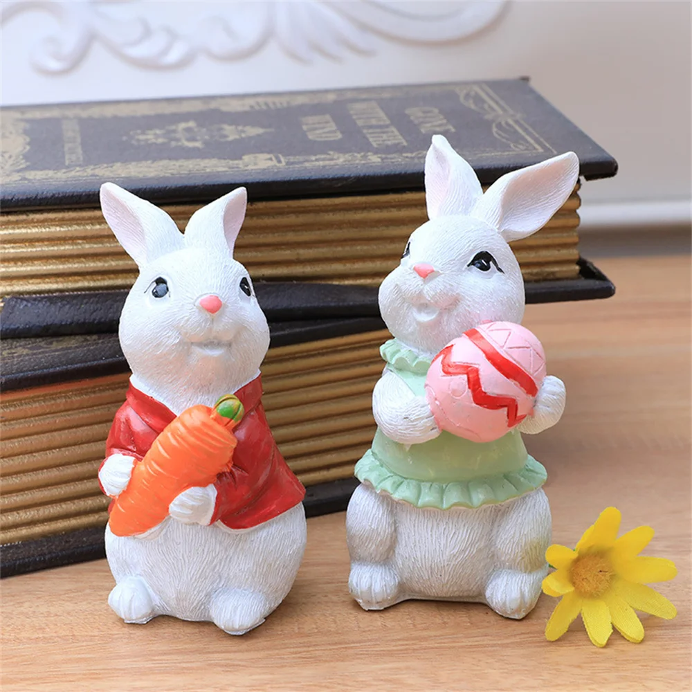 2 pcs Easter Bunny Resin Crafts Rabbit Doll Decor Desktop Decoration Rabbit Hug Carrot Figurine Garden Decorations Easter Statue