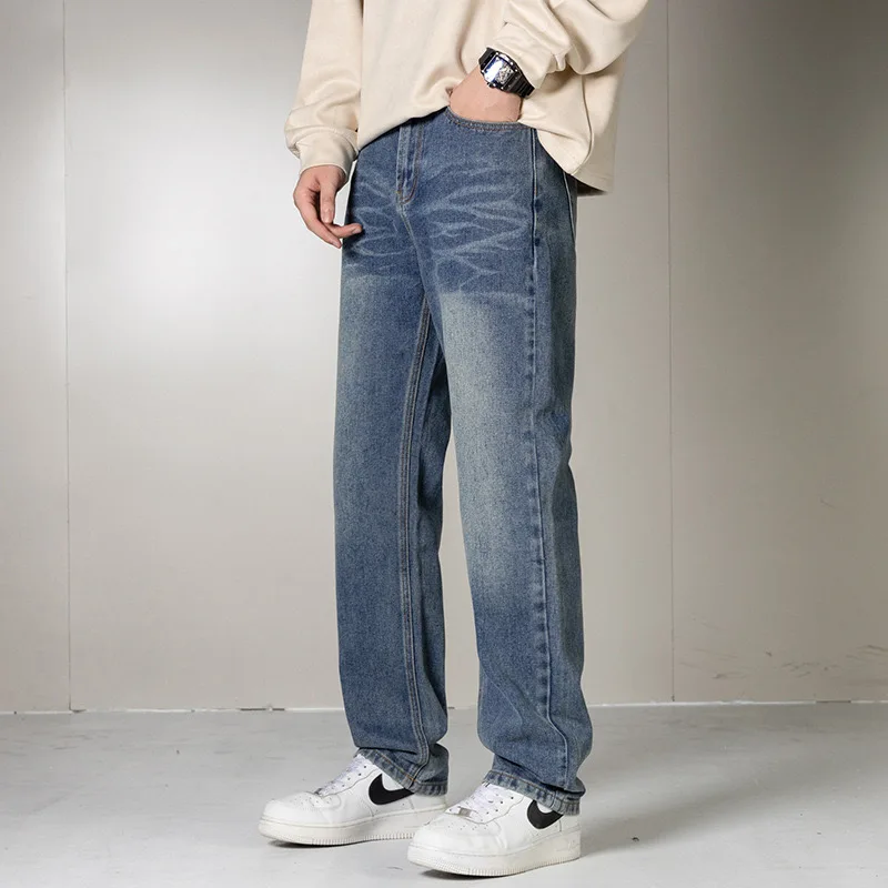 Winter Straight Leg Jeans Men's Solid Color Pleated Texture Made Of Old Cotton High Elastic High Street Denim Pants Zipper 2024