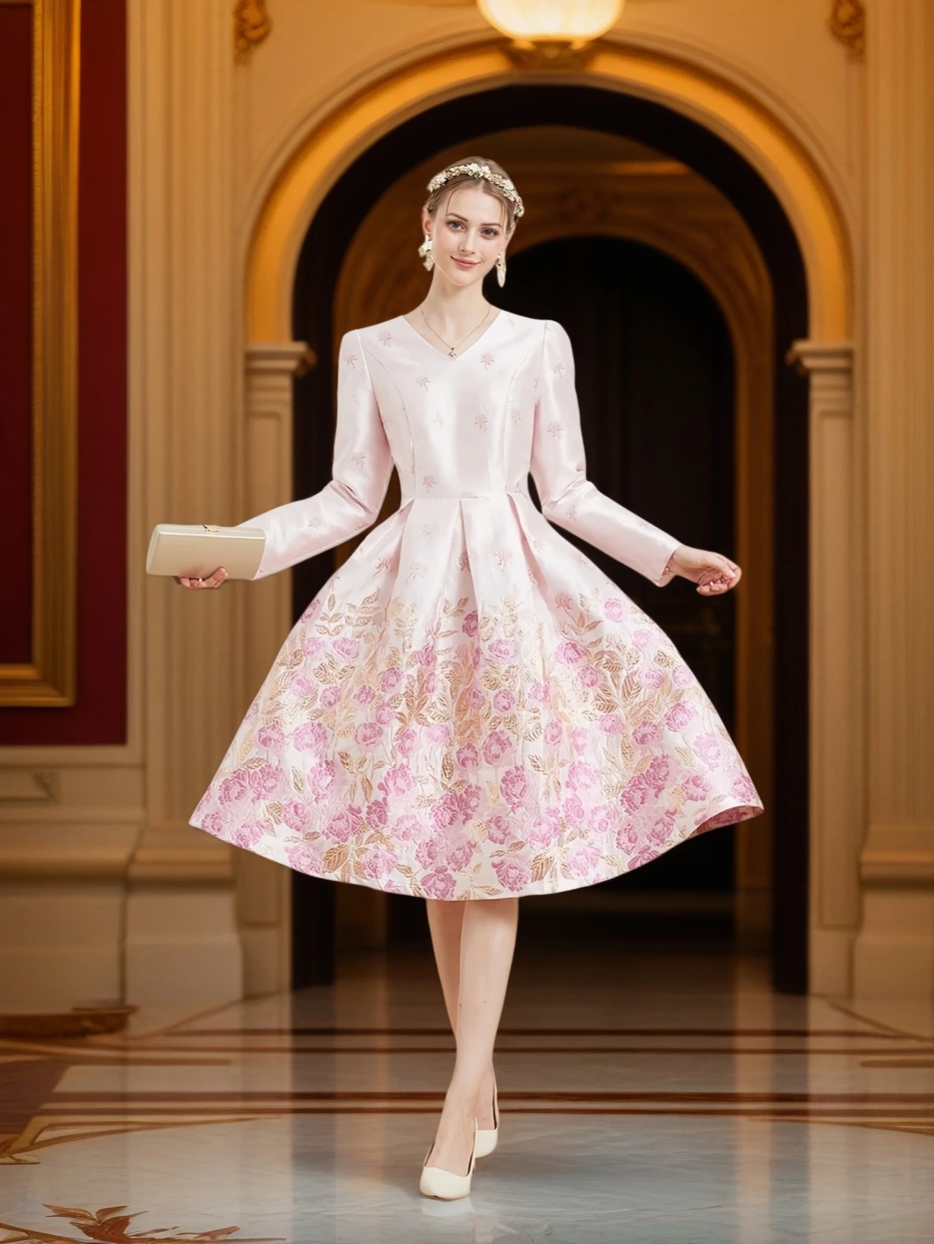 

Fall/Winter Elegant French-style Romantic Pink Heavy Embroidery V-Neck Long-Sleeve Party Banquet Dress wedding guest dress