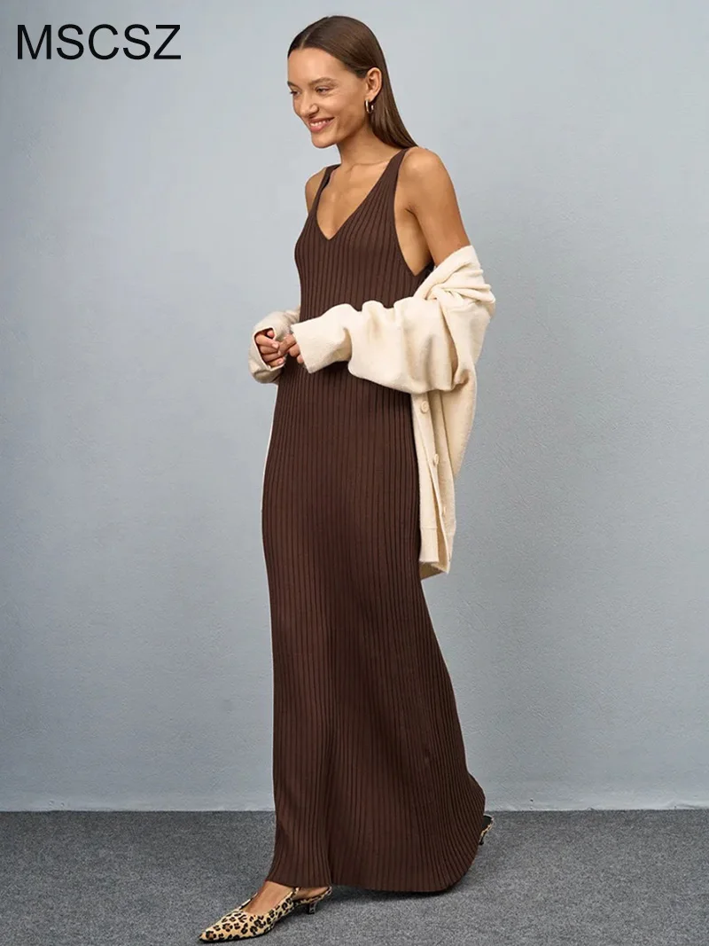 

MSCSZ Sleeveless Knitted Maxi Dress Woman V-Neck Bodycon Long Dress Fashion Plain Sweater Vest Dresses