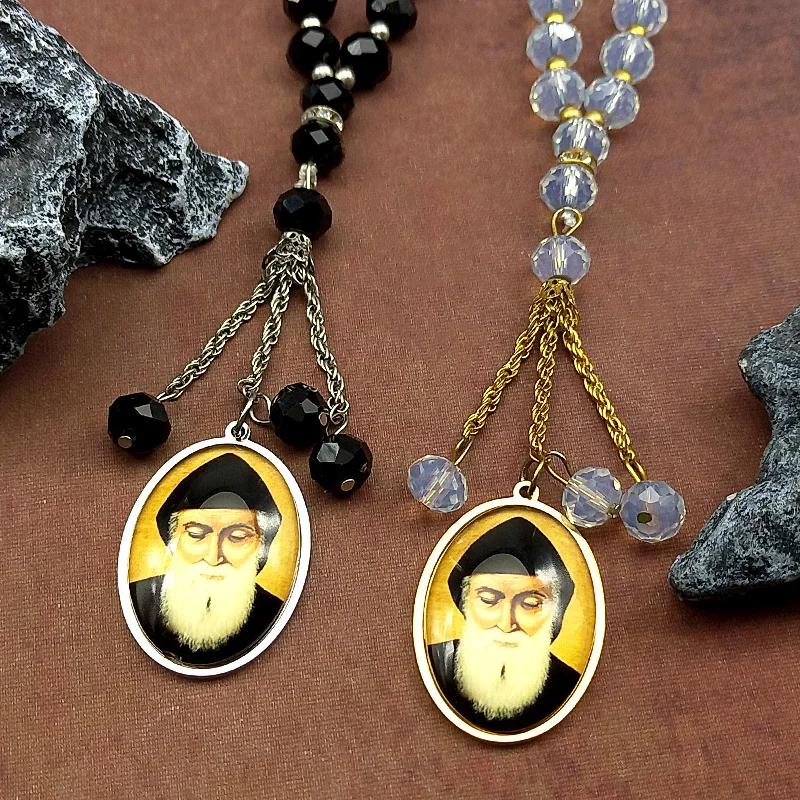 

Orthodox Church Saint Charbel Glass Medal Car Pendant for Women Men Stainless Steel Gold Color Amulet Prayer Beads Jewelry Gift