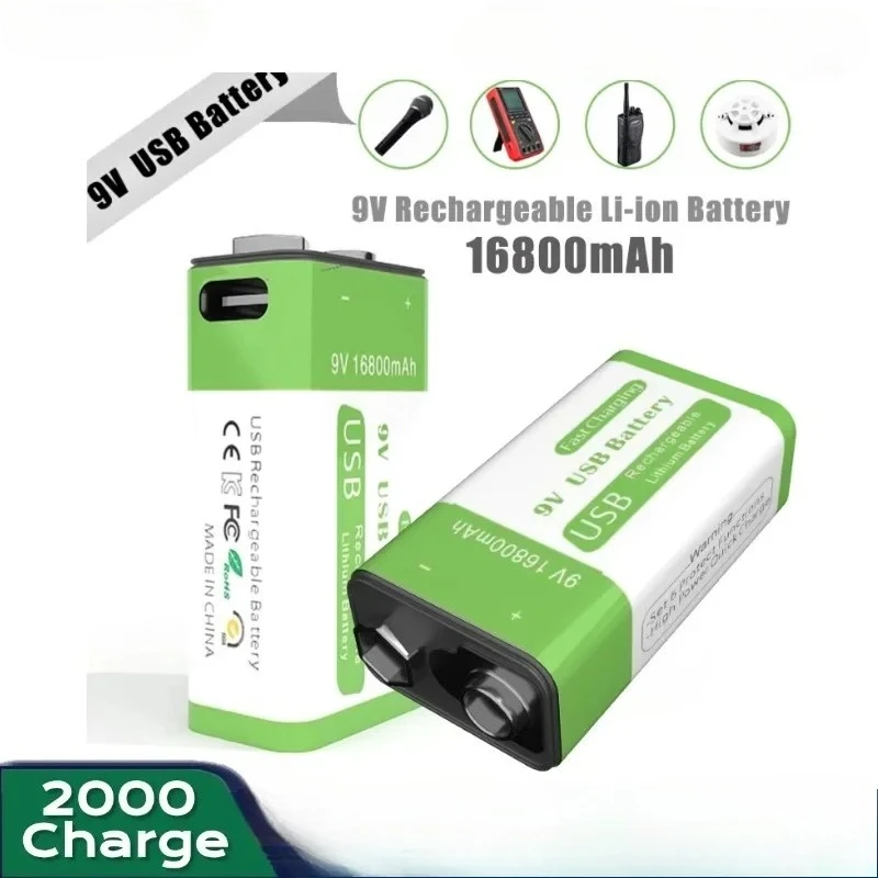 

New USB Battery 9V 16800mAh Li-ion Rechargeable Battery Type-C Battery 9v for Multimeter Microphone Toy Remote Control KTV Use