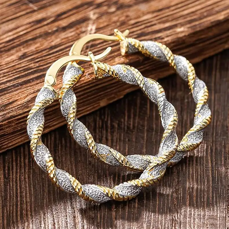 Huitan Two Tone Twisty Women Hoop Earrings Fashion Wedding Party Accessories Versatile Luxury Circle Lady Jewelry with Shiny CZ