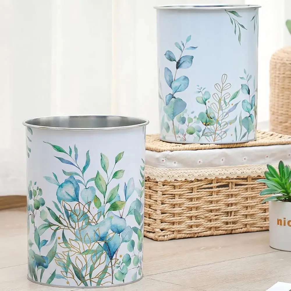 

2 Pack Eucalyptus Leaves Wastebasket Metal Trash Can Small Decorative Garbage Can for Bedroom Bathroom Nursery Daycare Kitch