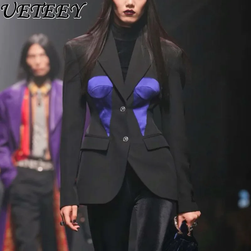 

2025 Autumn New Fashionable Elegant Commuter Style Long Sleeve Suit Coat Slim Fit Color-Block Niche Design Blazer for Women