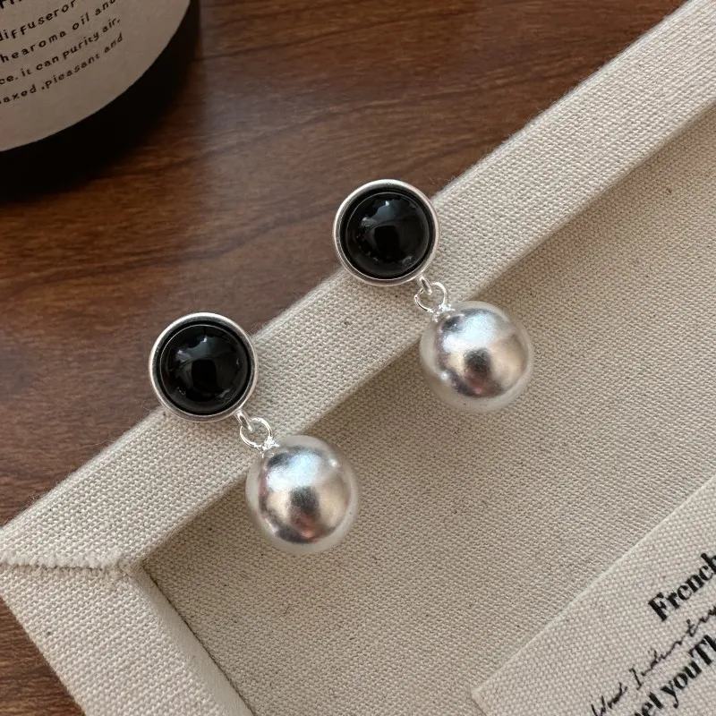 Real S925 Sterling Silver Niche Design Sense Agate Fashion Bead Earrings Simple Personality Basic Original Jewelry Wholesale