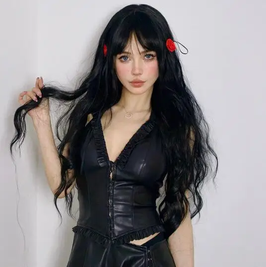 Black Long Curly Synthetic Wigs with Bangs Body Wave Daily Natural Hair Wig for Women Cosplay Party Heat Resistant Wig for Girls