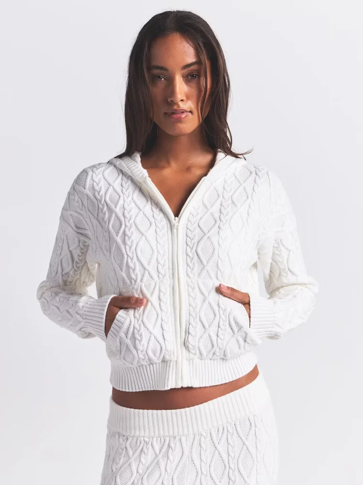 

Autumnal Hooded Knitted Sweater with Zipper And Belt Women's Casual Stripe Pattern Cotton And Linen Blend Long Pants