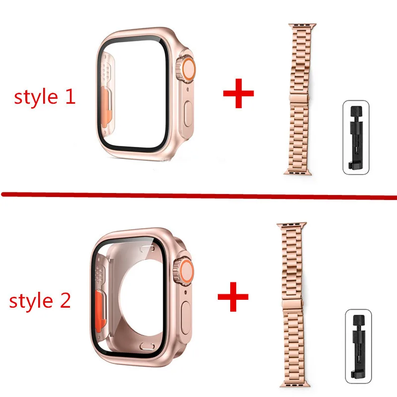 2 IN 1 Set Rose Stainless Steel Strap+Ultra Case for Apple Watch Series 9 8 7 6 SE 5 4 Metal Band Case for Iwatch