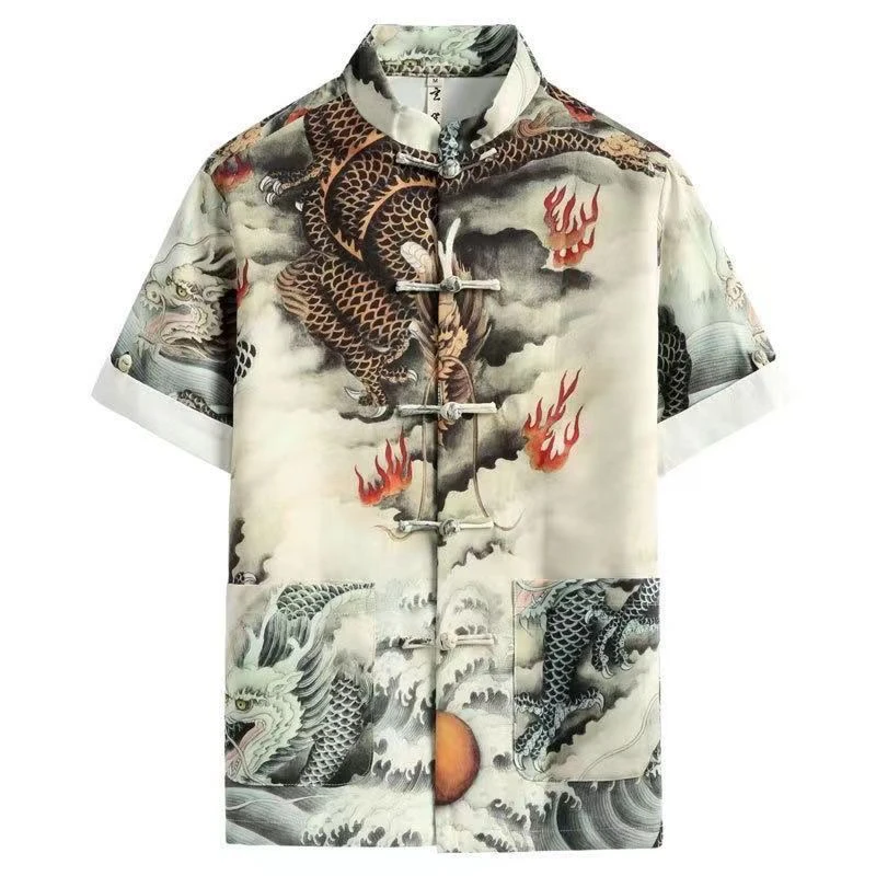 

Новая летняя мужская рубашка-танк с принтом, воротником-стойкой, в модном этническом стиле, с винтажными пуговицами, в повседневном стиле