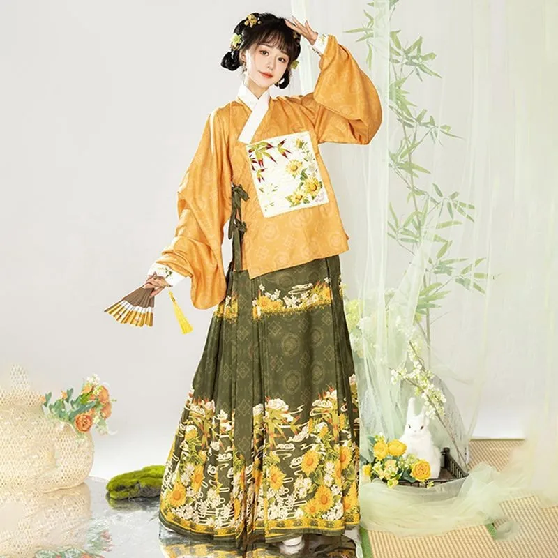 Women's Han Chinese Clothing Italian Sunflower Straight Collar Placket Aoqun Embroidered Ming Style Hanfu Women