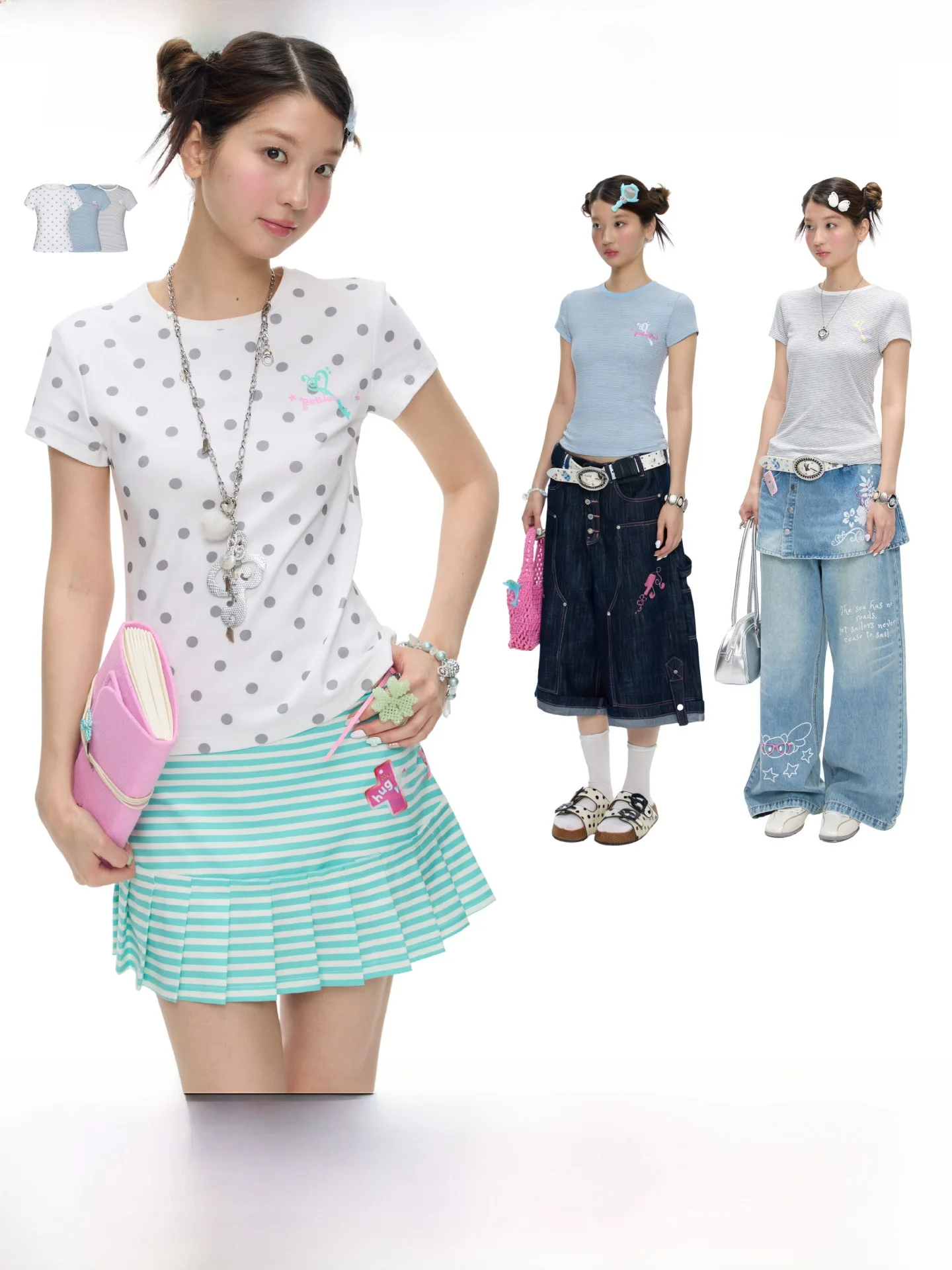 

BENAND Basic Short T-Shirt Summer Versatile Color Slim Fit Polka Dot Striped Short Length Women's Top Commute Style