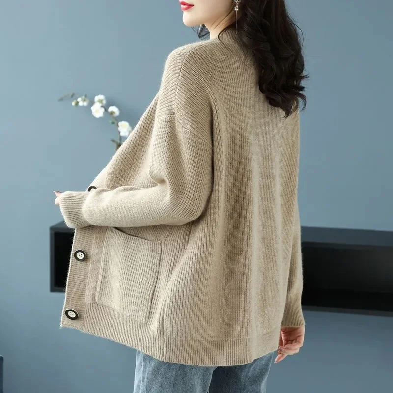 고품질 울 가디건 여성 재킷 2025 봄 가을 신상 스웨터 한국 스타일 루즈핏 레이지 윈드 니트 코트 두꺼운 여성 상의