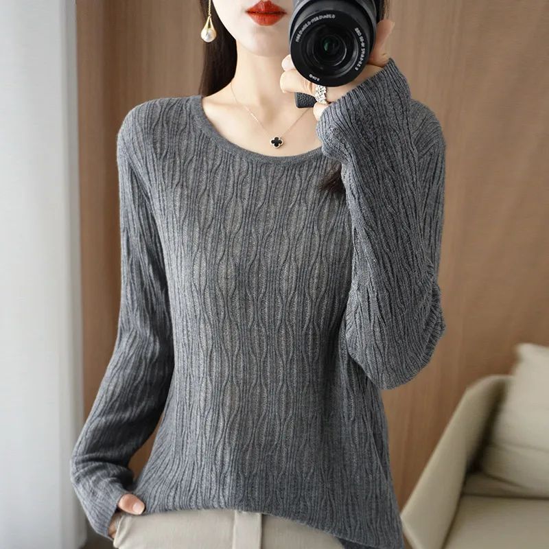 Autumn New Ladies Soft Breathable Sweater Wool Blend O-Neck Pullover Curved Hollow Out Knitted Sweater Slim-Fit Commuter Tops