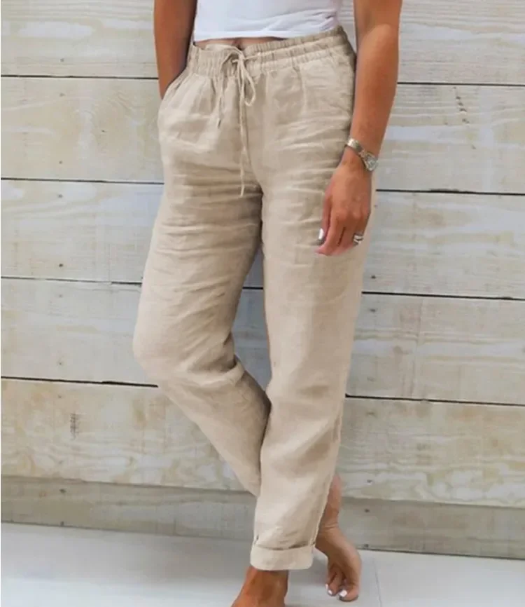 Women High Waist Elastic Waist Solid Cotton Linen Casual Long Straight Pants