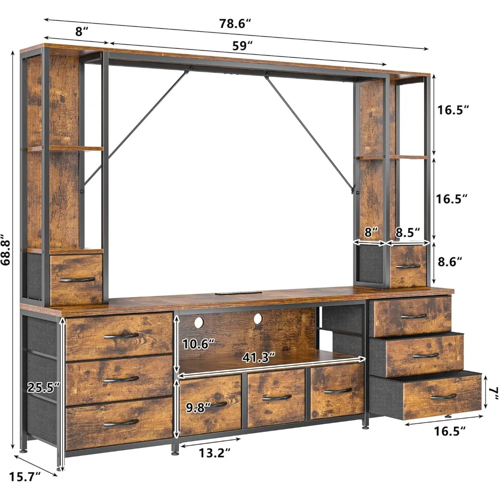 65 inch tv-standaard voor woonkamer, wandmeubel entertainmentcentrum met 11 stoffen lade, tv-standaard met 2 led-verlichting en stopcontacten