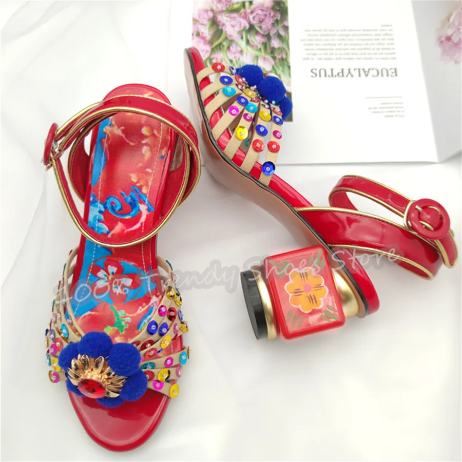 

Colorful Rhinestone Narrow Band Women Sandals Flowers Decor Square High Heel Summer Gladiator Shoes Lady Party Dress Pumps