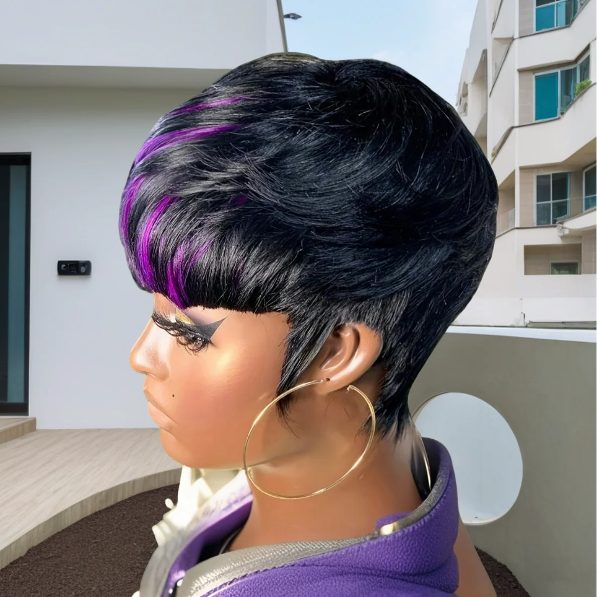 

Pixie Cut Wig Human Hair Short P1B/Purple Color For Women Straight Short Cut Wigs With Neat Bangs For Mother'S Day 180% Density