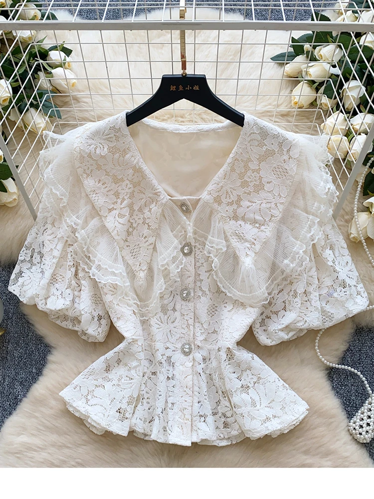 

Summer Women's Lace Bubble Sleeve Shirt New Fashion Versatile Exquisite Lotus Leaf Hem Short Sleeved Blouse Top W07