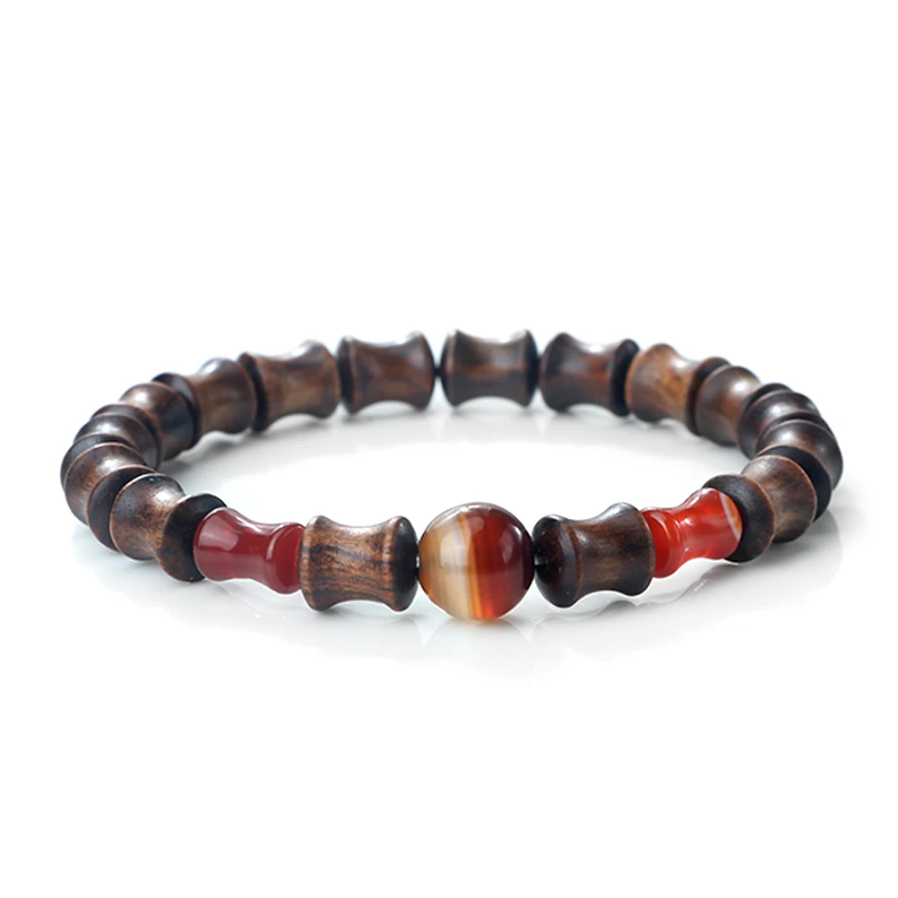 Chinese Stijl Bamboe Gezamenlijke Vorm Armbanden Mannen Natuurlijke Agaat Kralen Bangle Elastisch Touw Vrouwen Gebed Sieraden Verjaardagscadeautjes