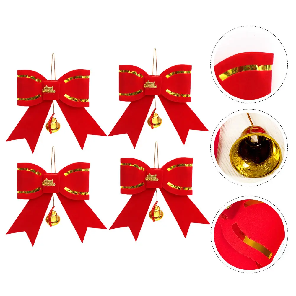 

4Pcs Christmas Bow Knots with Bells Window Hanging Decorative Bow for Tree Festival Party Indoor Outdoor Decoration Supplies